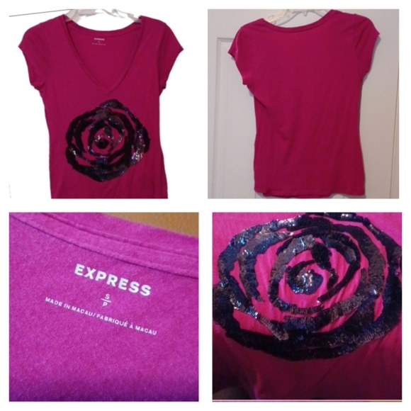 💙🌺Express Pink Graphic Sequin T-Shirt - Picture 1 of 10